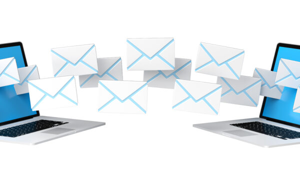 Digital e-mails flying through devices screens 3D rendering